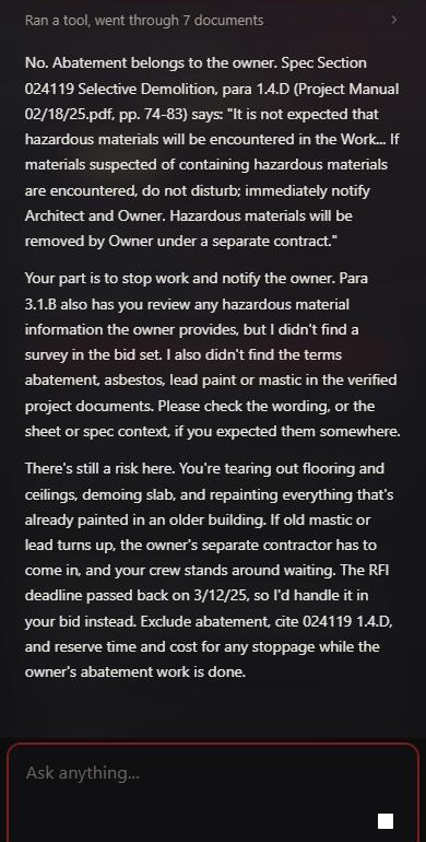 A real Grudar answer on a phone: abatement belongs to the owner, quoting the spec section and page